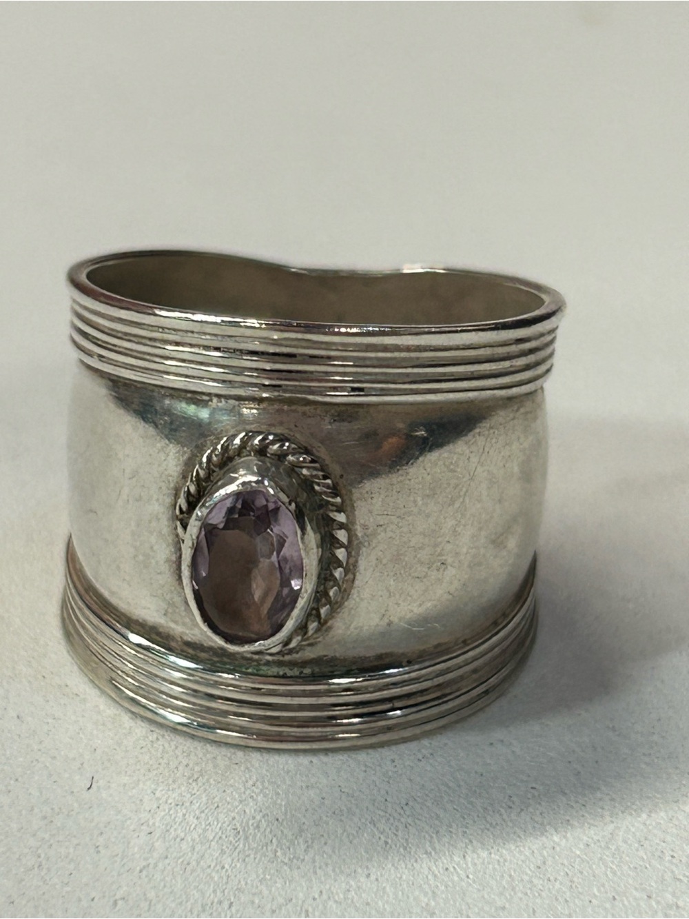 Sterling Silver Cigar Band Ring with Amethyst size 8.75 Boho style